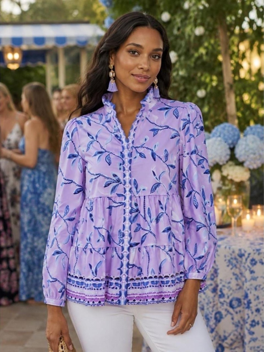 NWOT Lilly Pulitzer Lilac and Blue Floral Button-Down Peasant Blouse S